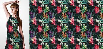 09012v Materiał ze wzorem malowane duże tropikalne kwiaty (strelicja, storczyk, hibiskus)